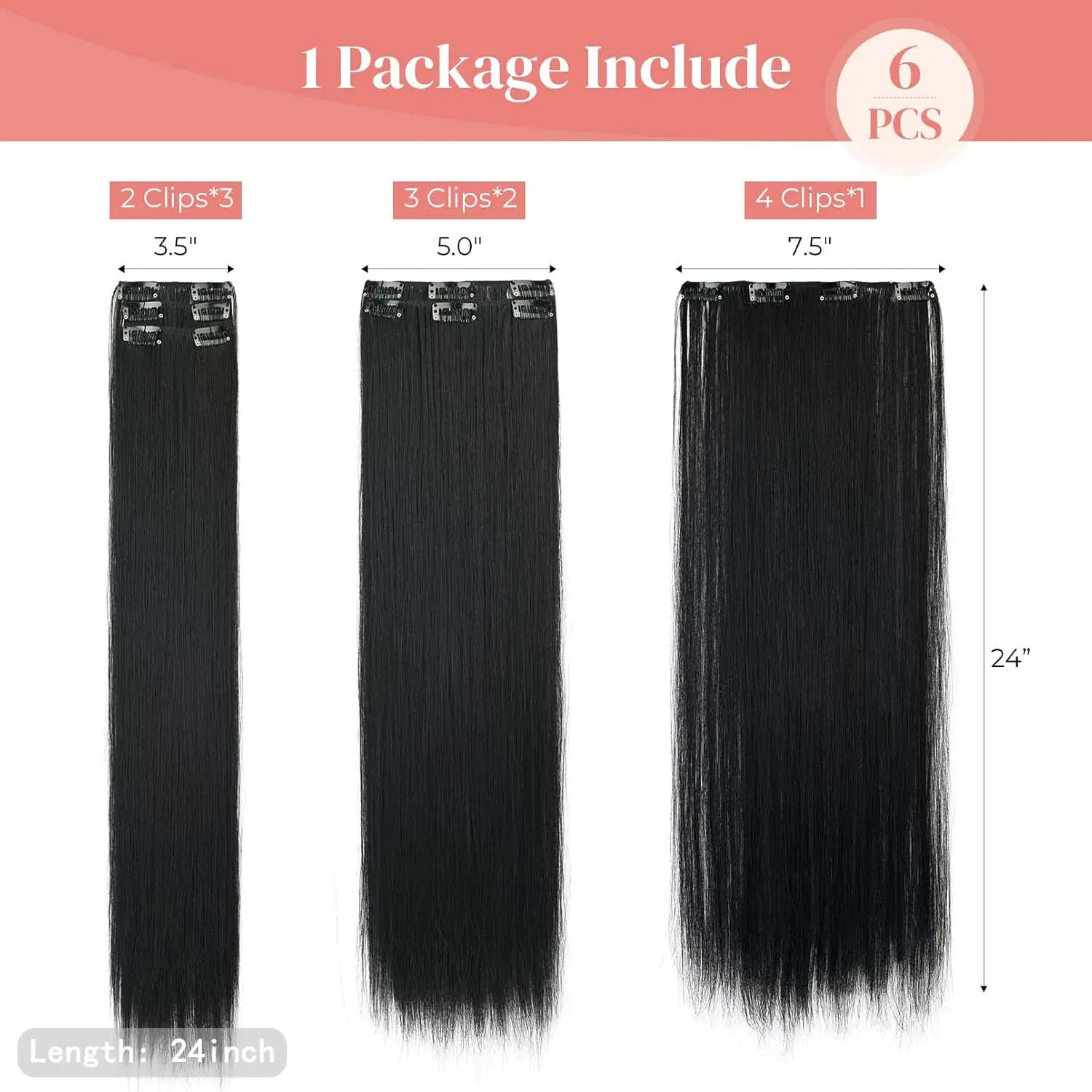 Synthetic 24Inch 16 Clips in Hair Extensions Long Straight Hair Blonde Black Hairpieces for Daily Use,Multi-colored Clip in Hair