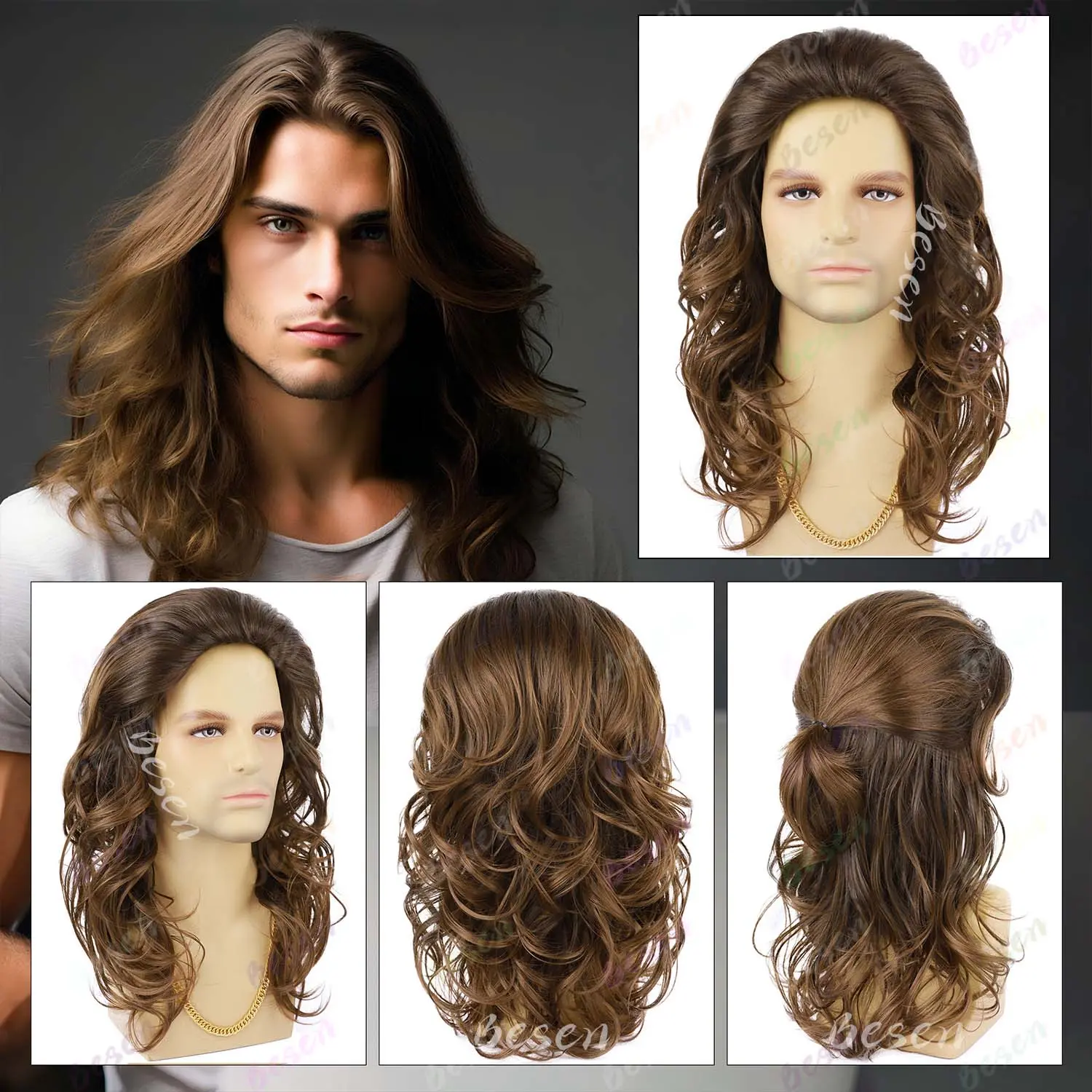 Synthetic Mens Wig Long Curly Wavy Brown Wigs Heat Resistant Male Wig for Daily Party Cosplay Halloween Use, Multi-colored Wigs