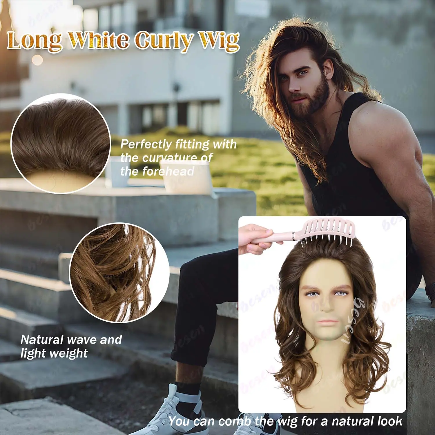Synthetic Mens Wig Long Curly Wavy Brown Wigs Heat Resistant Male Wig for Daily Party Cosplay Halloween Use, Multi-colored Wigs