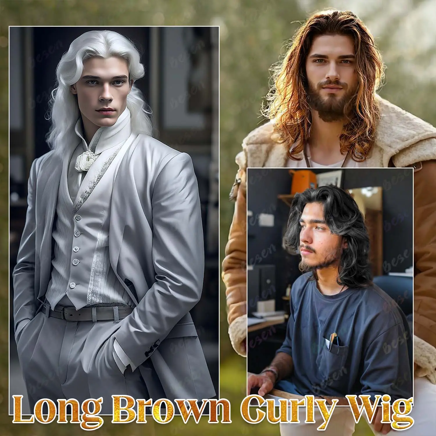 Synthetic Mens Wig Long Curly Wavy Brown Wigs Heat Resistant Male Wig for Daily Party Cosplay Halloween Use, Multi-colored Wigs