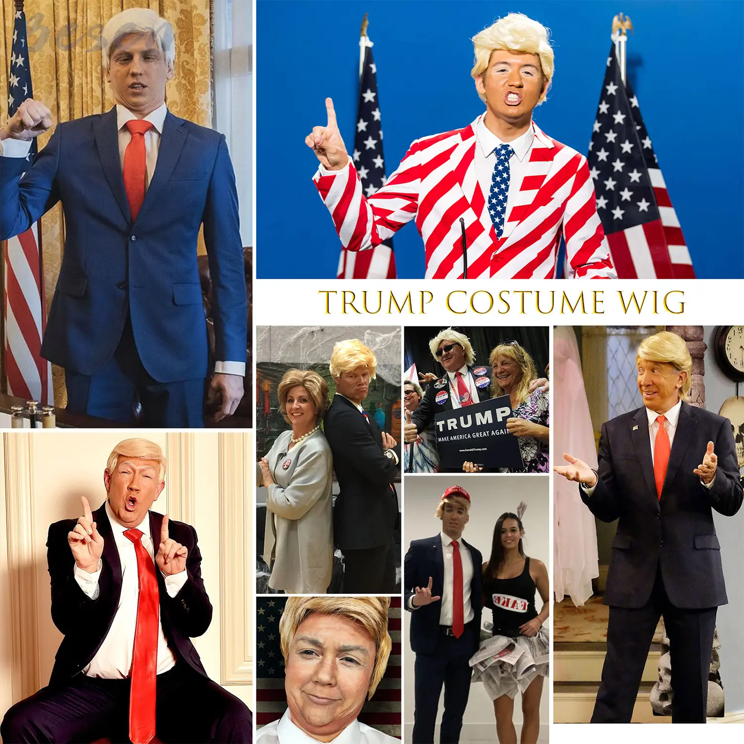 Synthetic Blonde Costume Wig for Adults With Funny Stickers Mens Layered Heat Resistant Wigs Famous People Cosplay Wigs