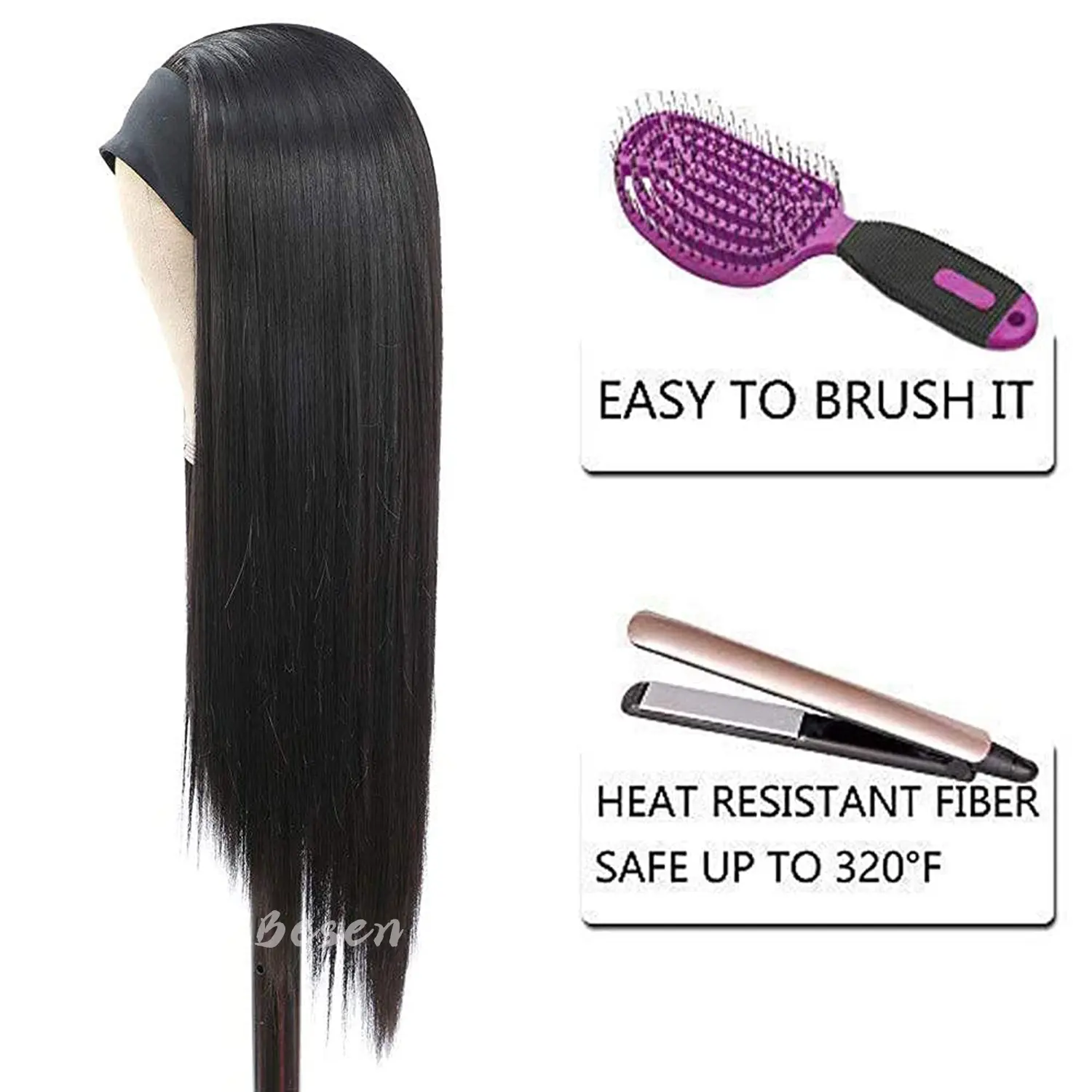 Synthetic Straight Headband Wig for Women Black Long Straight Headband Wig Heat Resistant Natutal Looking for Daily Party Use