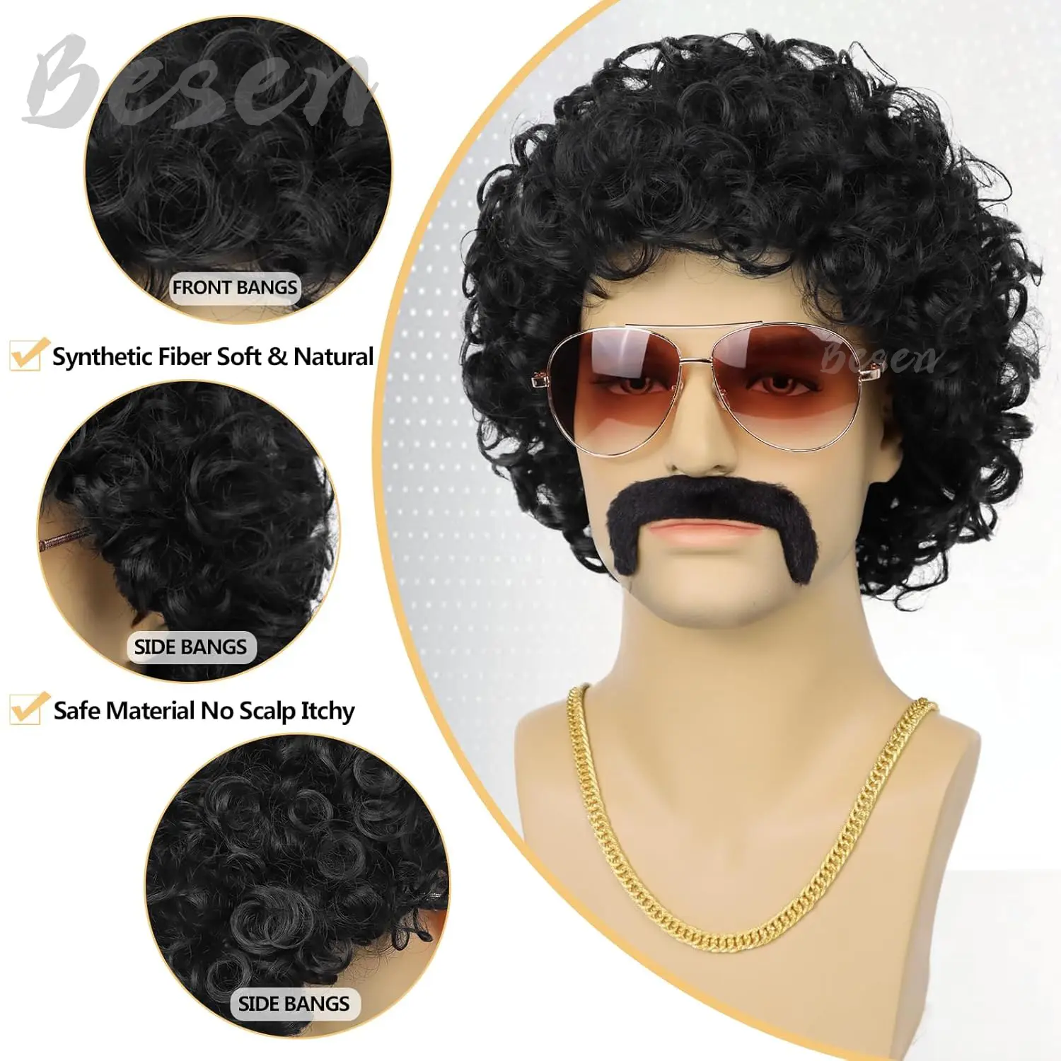 Synthetic 70s 80s Mens Disco Wig Short Afro Curly Wigs for Retro Disco Outfit Men Party Hippies Rocker Cosplay Costume Halloween