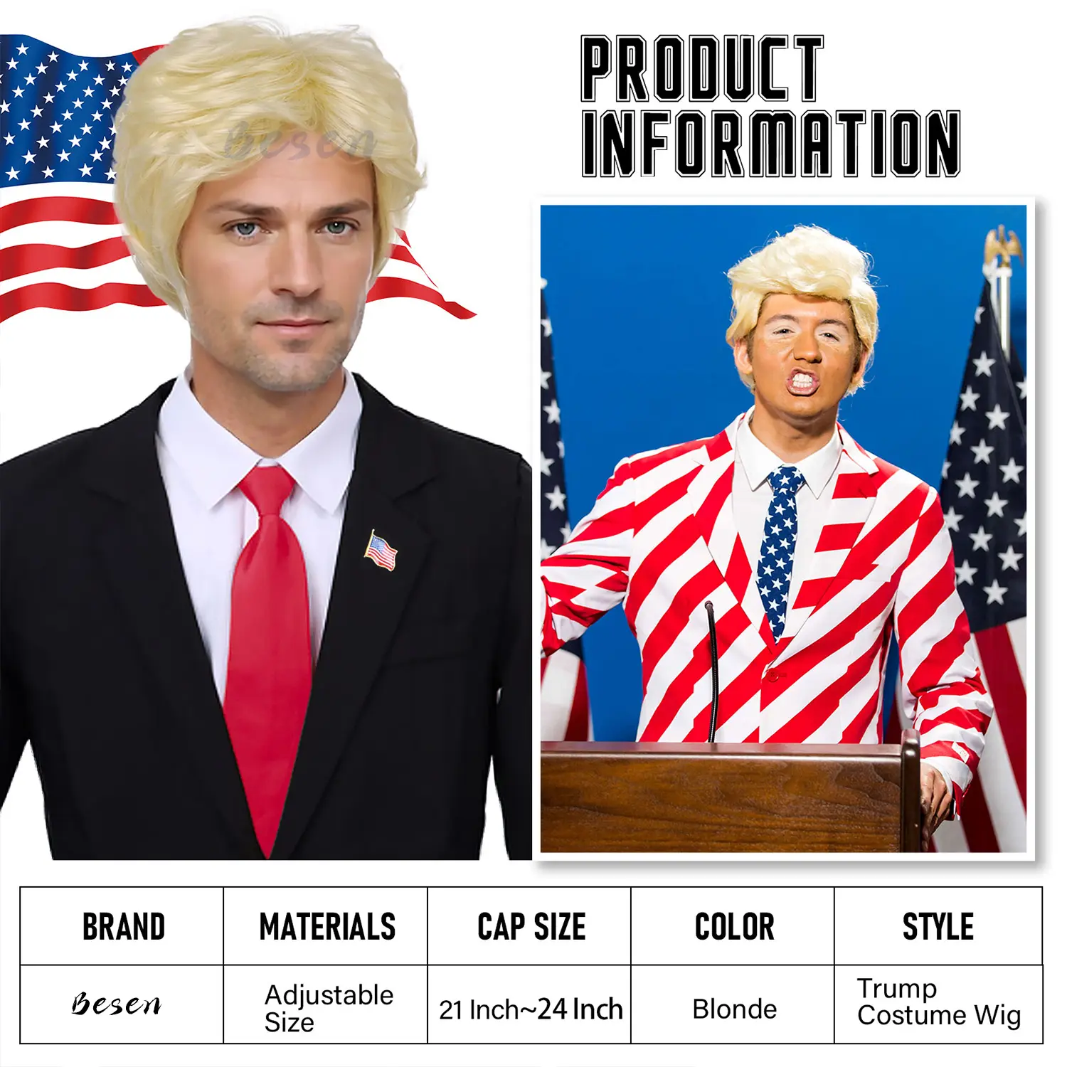 Synthetic Blonde Costume Wig for Adults With Funny Stickers Mens Layered Heat Resistant Wigs Famous People Cosplay Wigs