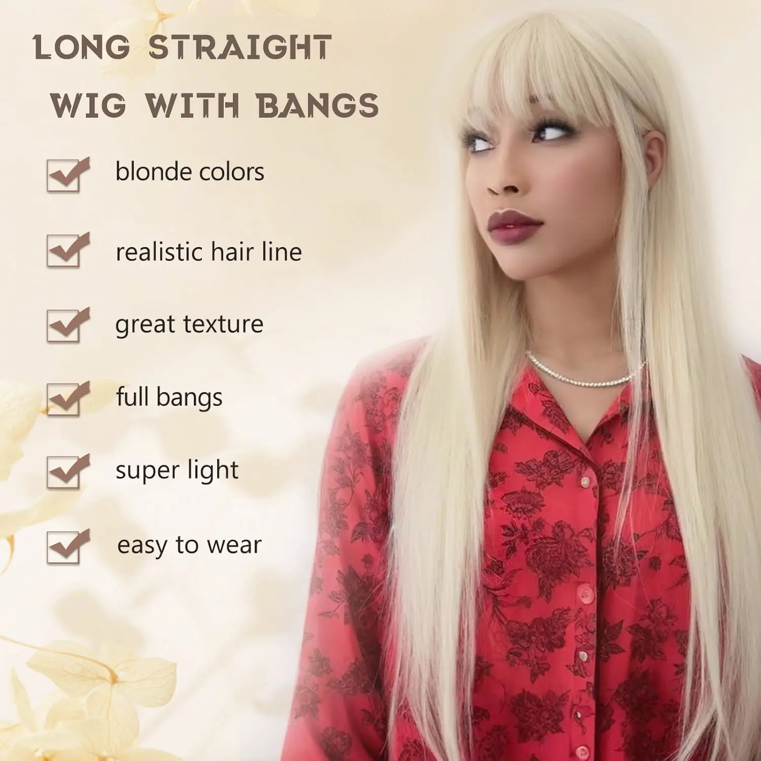 Synthetic Long Straight Wig with Bangs for Women Long Straight Wigs Heat Resistant Natural Looking Wigs for Daily Wear