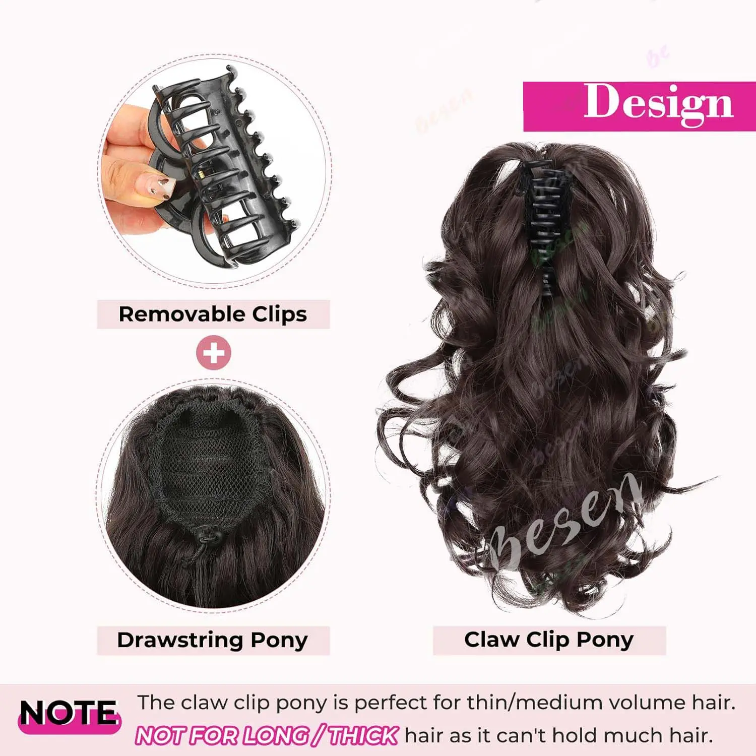 Synthetic 12" Ponytail Extension, Classic Loose Curly Wavy Claw Clip Pony tails Hair Extensions Hairpieces for Women Daily Use