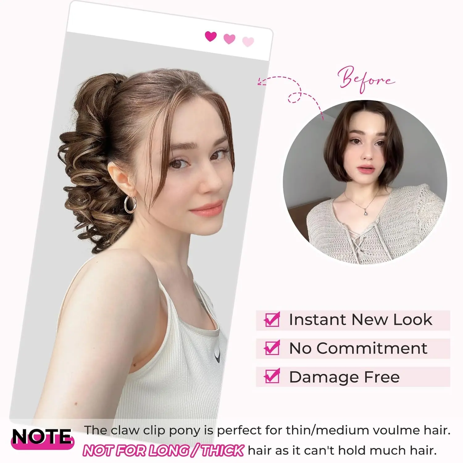 Synthetic 12" Ponytail Extension, Classic Loose Curly Wavy Claw Clip Pony tails Hair Extensions Hairpieces for Women Daily Use