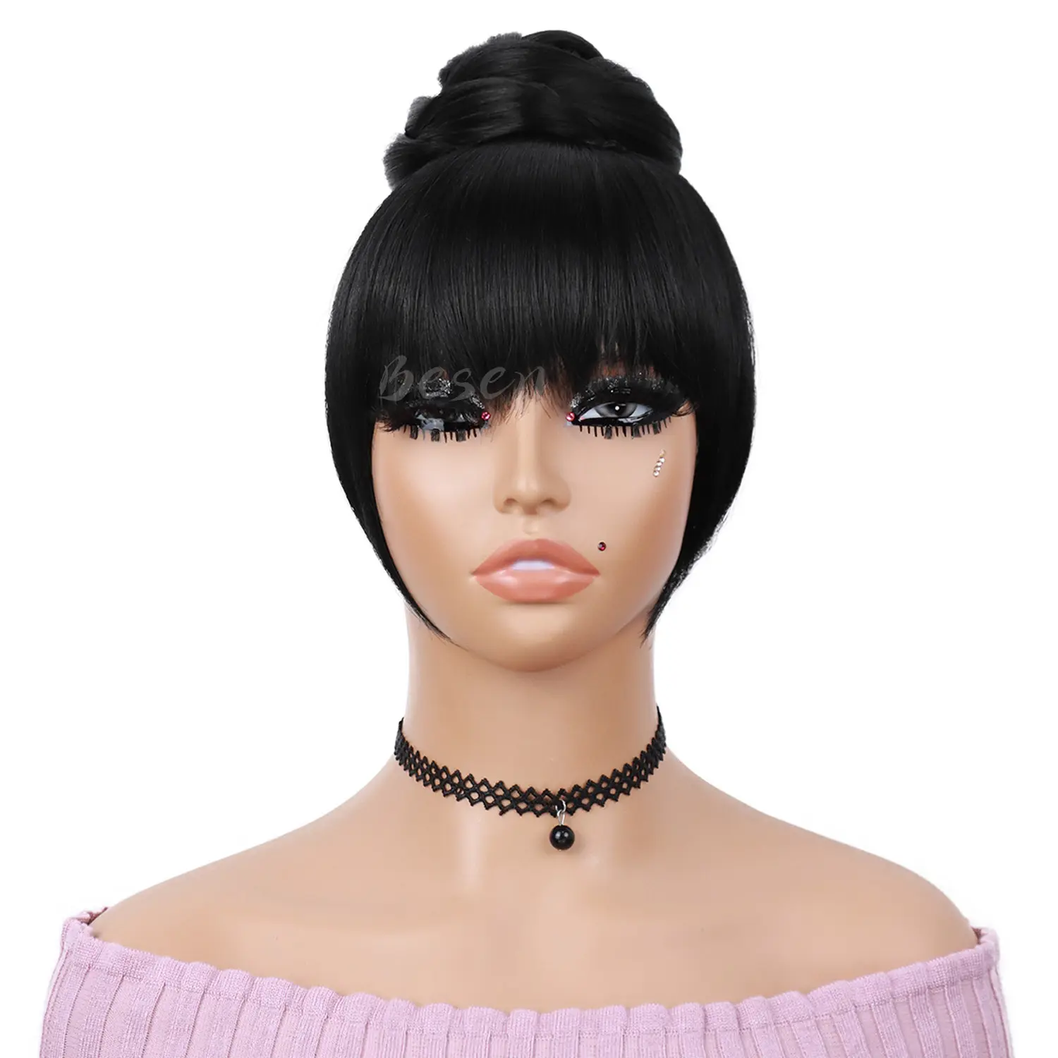 Synthetic Black Quick Chignon Bun with Bangs Hair Braided Bang Clip in Hair Piece Fringe Clip on Hair Bun Hair Extension