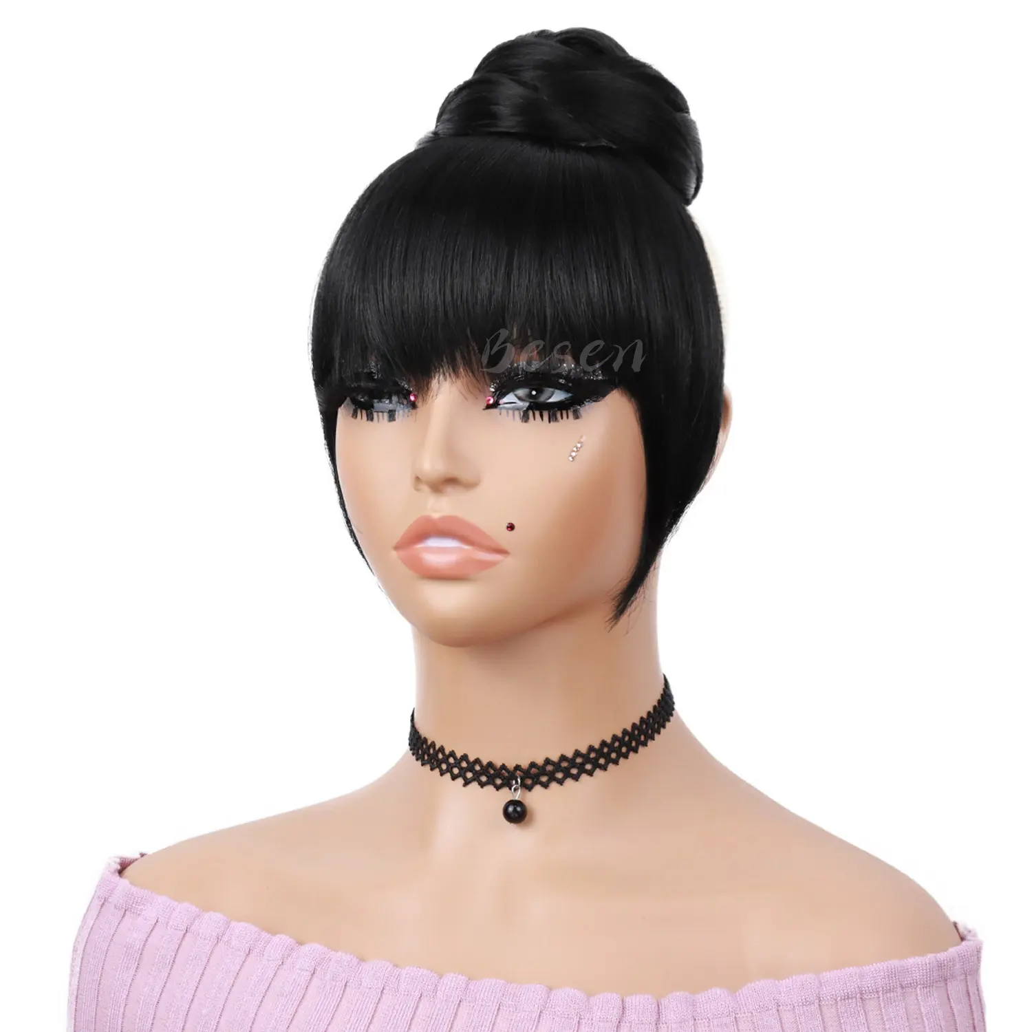 Synthetic Black Quick Chignon Bun with Bangs Hair Braided Bang Clip in Hair Piece Fringe Clip on Hair Bun Hair Extension
