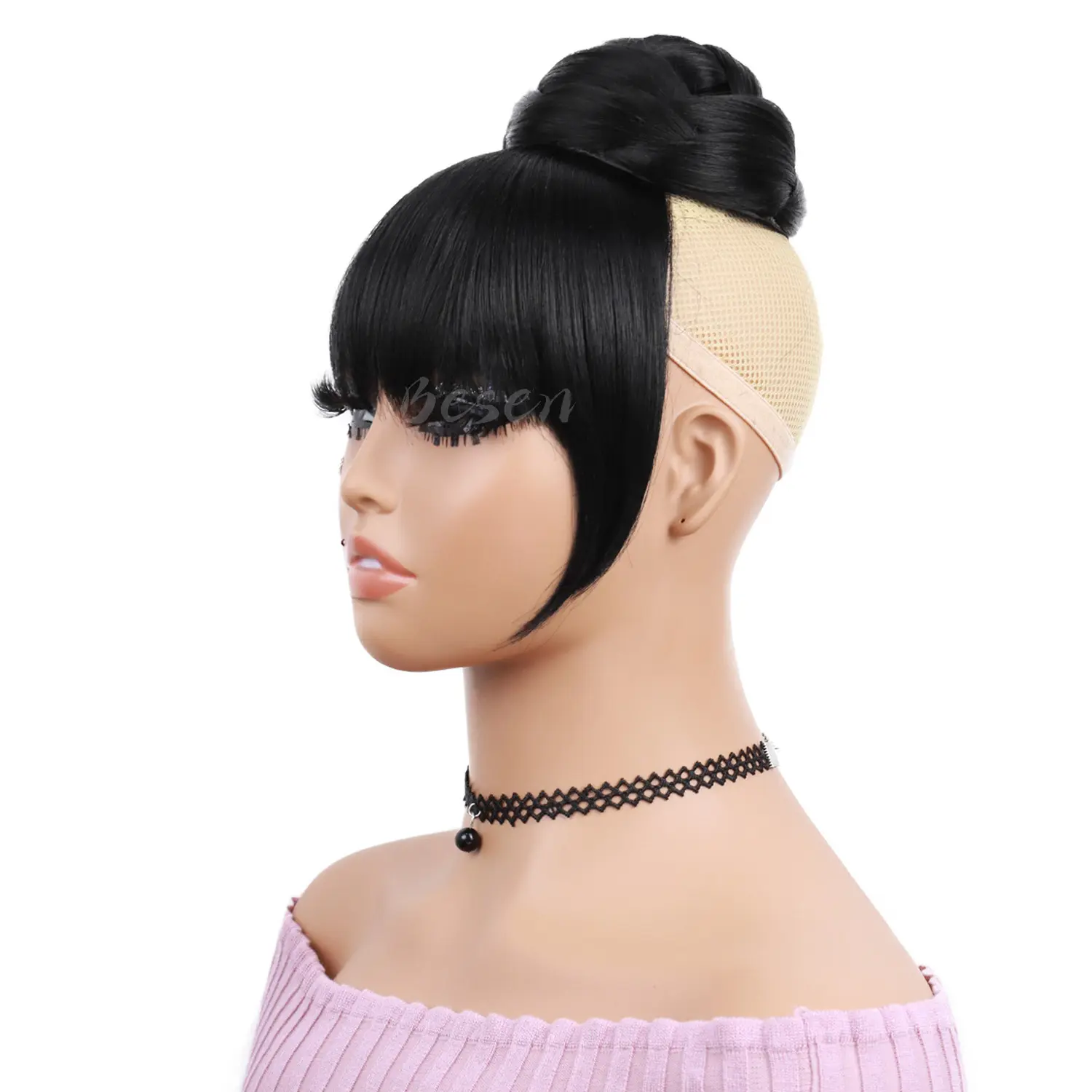 Synthetic Black Quick Chignon Bun with Bangs Hair Braided Bang Clip in Hair Piece Fringe Clip on Hair Bun Hair Extension