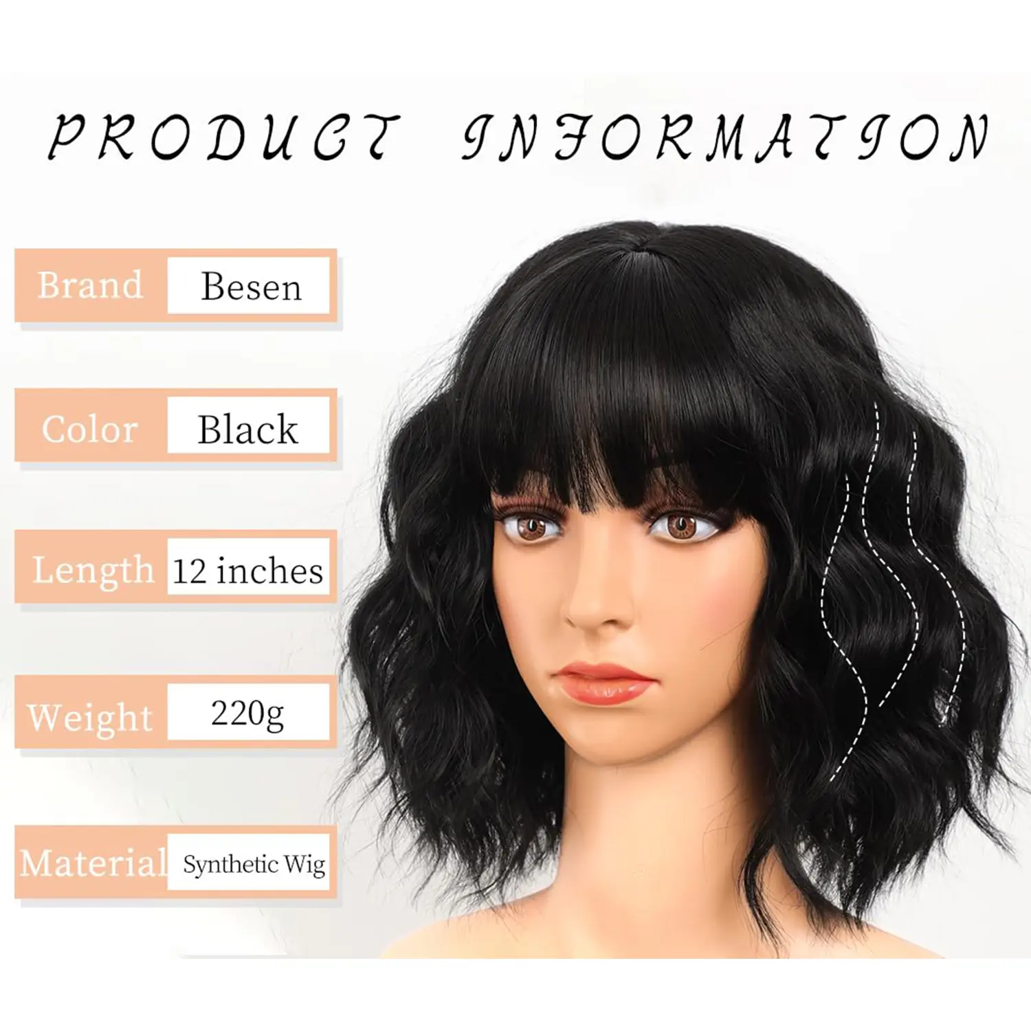Synthetic Short Wavy Wig with Bangs Bob Short Charming Curly Wavy Wig Women Heat Resistant Fiber Hair for Women Girls