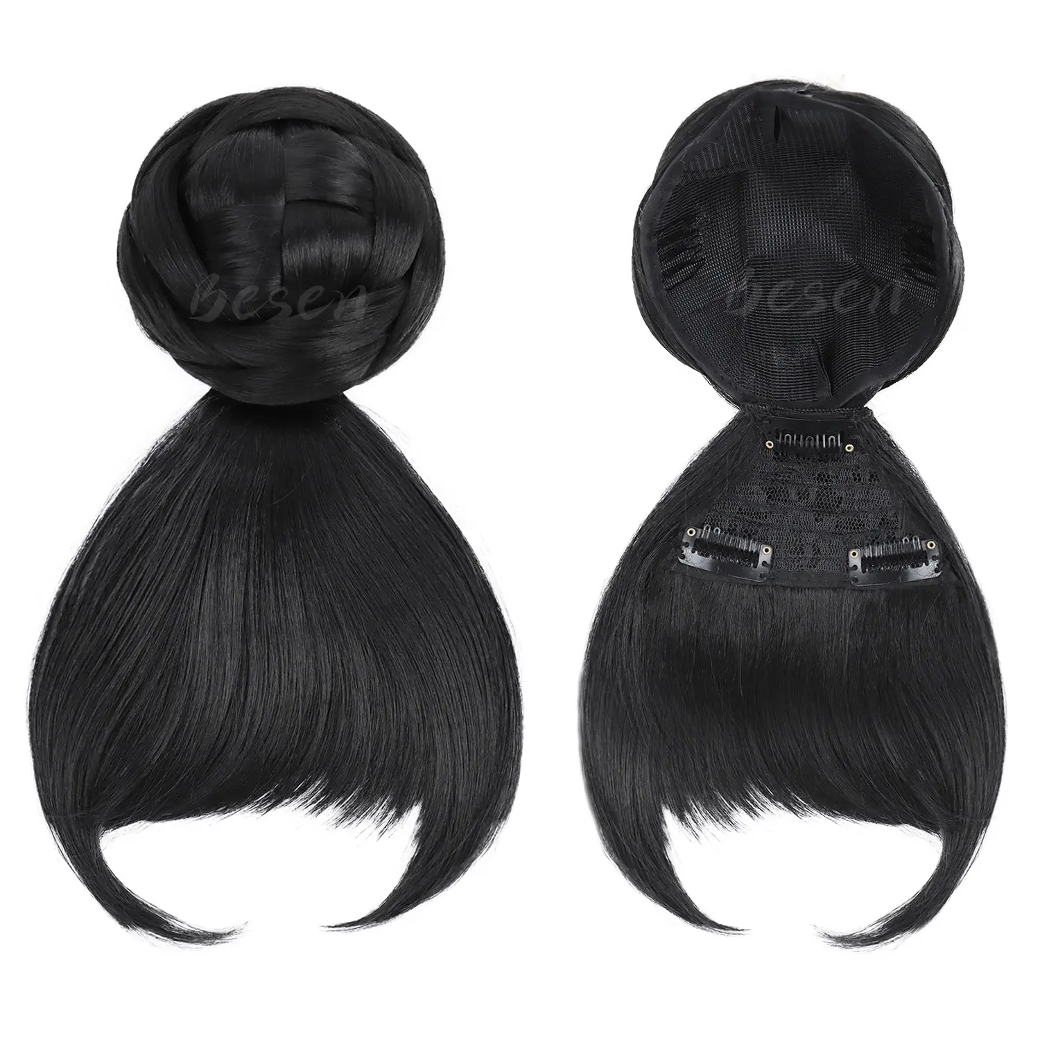 Synthetic Black Quick Chignon Bun with Bangs Hair Braided Bang Clip in Hair Piece Fringe Clip on Hair Bun Hair Extension