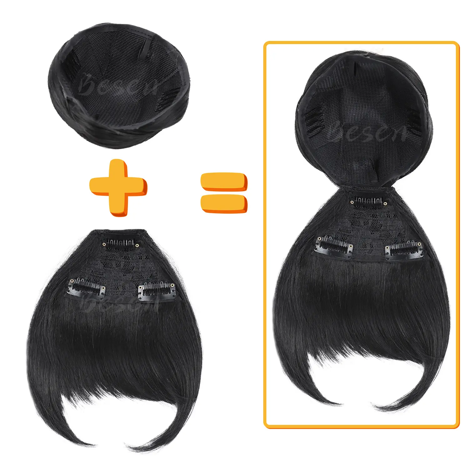 Synthetic Black Quick Chignon Bun with Bangs Hair Braided Bang Clip in Hair Piece Fringe Clip on Hair Bun Hair Extension