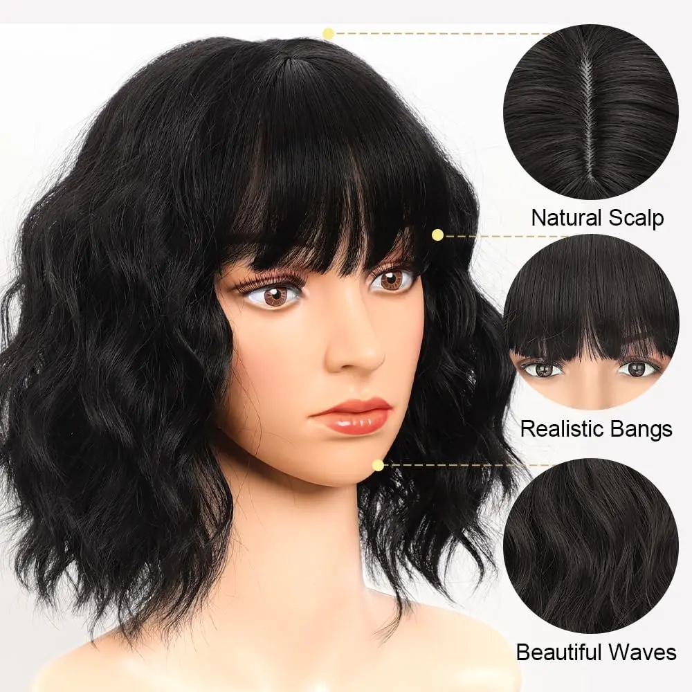 Synthetic Short Wavy Wig with Bangs Bob Short Charming Curly Wavy Wig Women Heat Resistant Fiber Hair for Women Girls