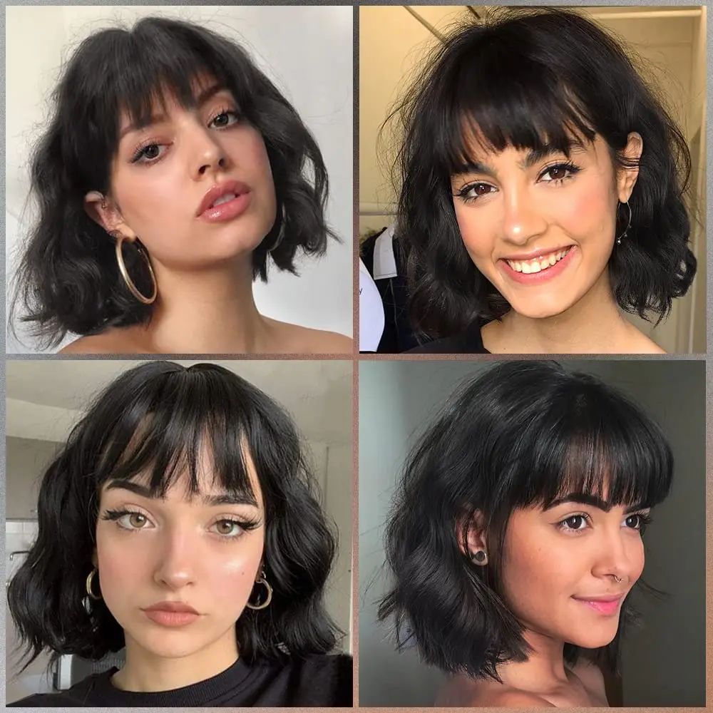 Synthetic Short Wavy Wig with Bangs Bob Short Charming Curly Wavy Wig Women Heat Resistant Fiber Hair for Women Girls