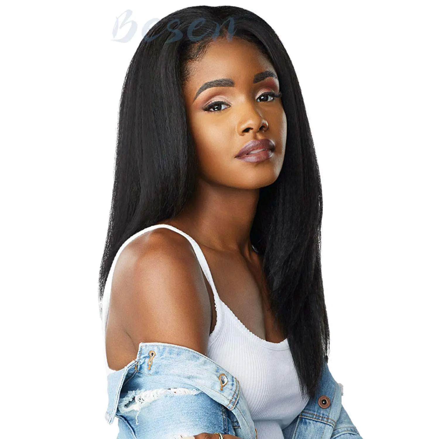 Synthetic Yaki Kinky Straight Wig for Black Women 20 Inch Hair Natural Hairline Wig Kinky Curly Hair Wigs Soft Fluffy