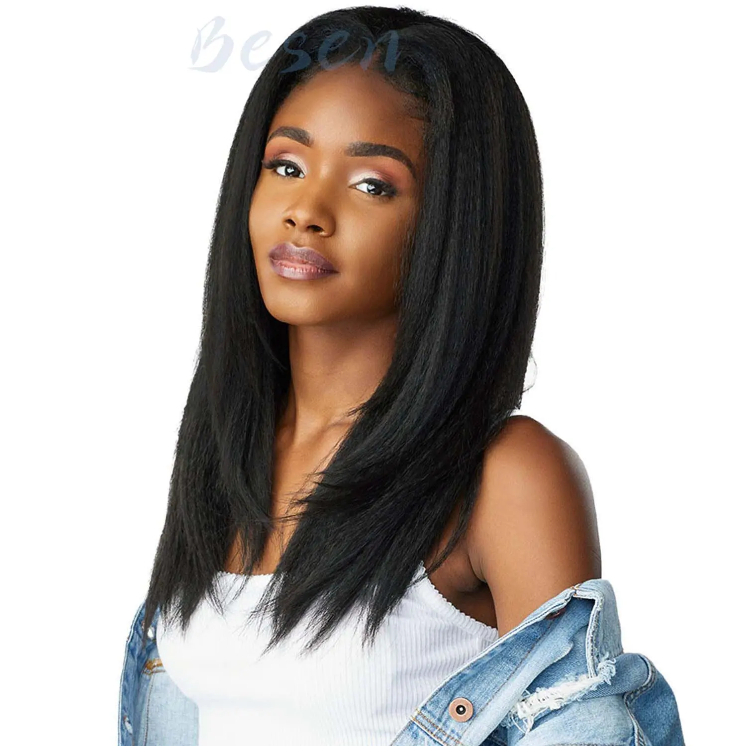 Synthetic Yaki Kinky Straight Wig for Black Women 20 Inch Hair Natural Hairline Wig Kinky Curly Hair Wigs Soft Fluffy