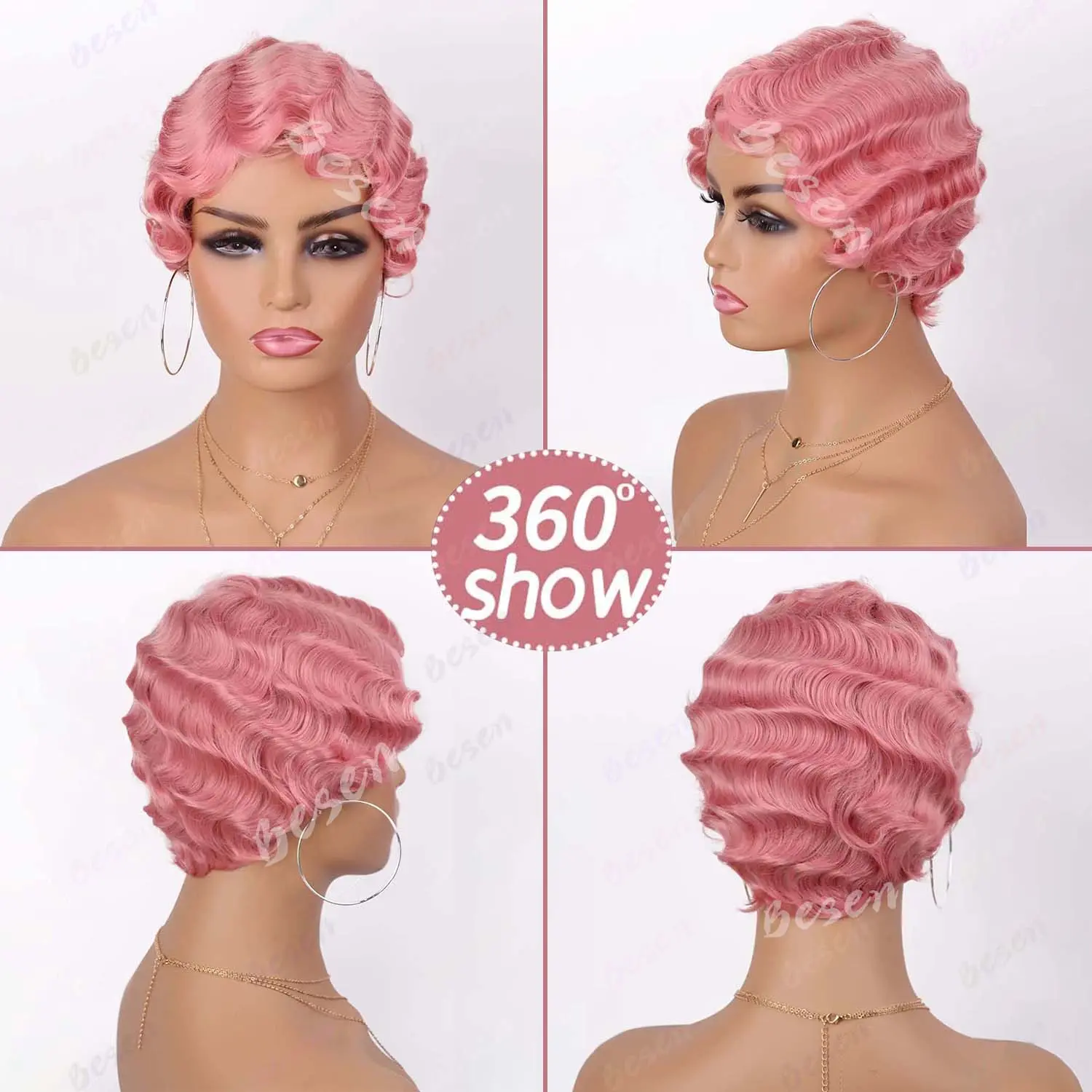 Synthetic Short Pink Wigs for Black Women Finger Wave Wig Pixie Cut Curly Wig for Women Short Wavy Hair Wigs, Multi-colored Wig