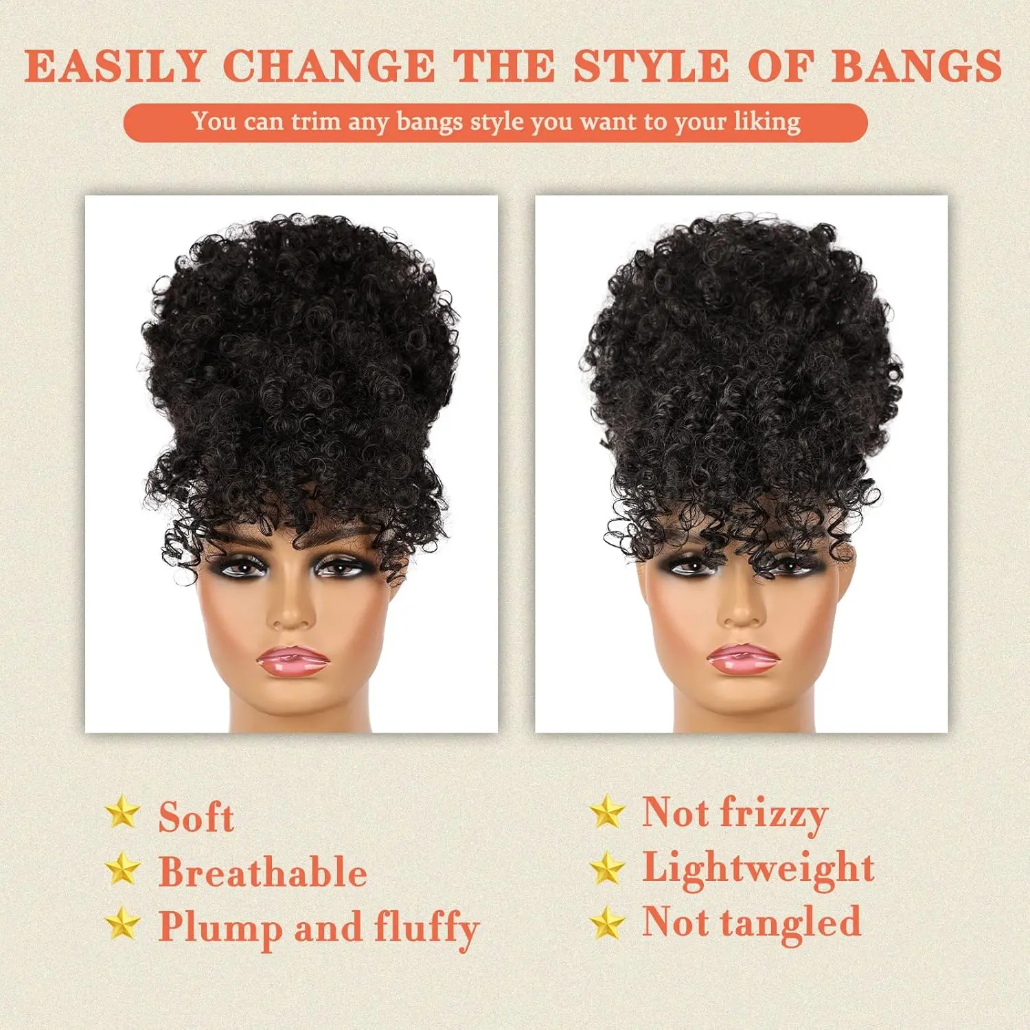 Synthetic Afro Puff Drawstring Ponytail with Bangs Ponytail Hair Extension Clip in Bangs Updo Hairpieces for Black Women Girls
