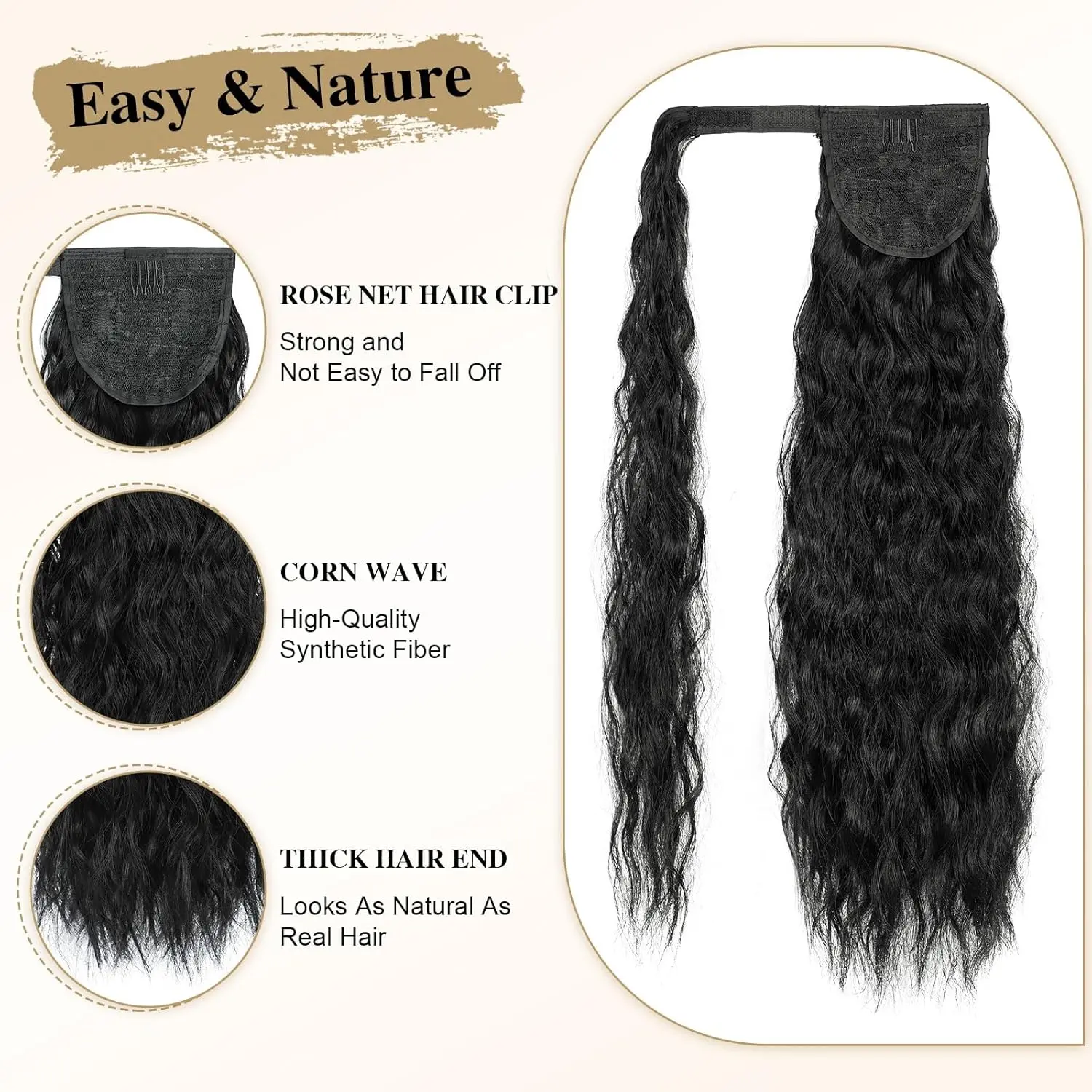 Synthetic Corn Wave Ponytail Extension Long Wavy Curly Wrap Around Ponytail Clip in Ponytail Hairpiece for Women Girls Daily Use