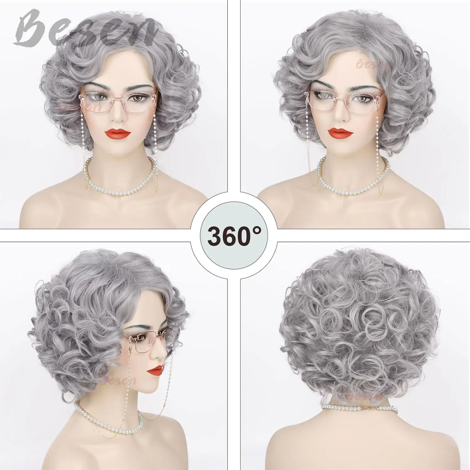 Synthetic Old Lady Wigs Short Grey Curly Grandma Wig for 100th Days of School Mrs Claus Cosplay Costume Halloween Party Wigs