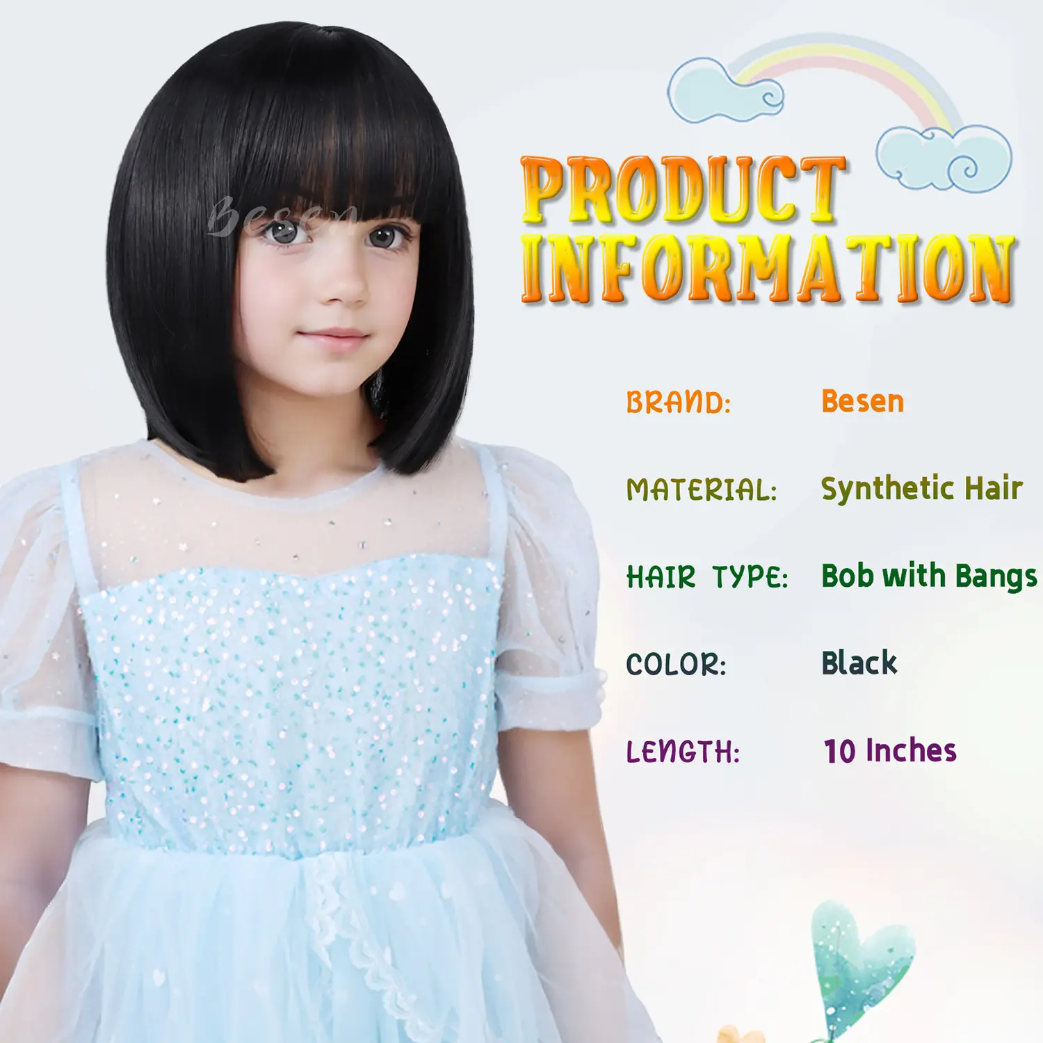 Synthetic Kids Wig Short Bob Wig with Bangs Short Straight Wig for Girls Child Wig Costume Cospaly Daily Party Use