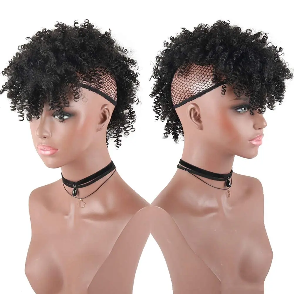 Synthetic Puff Afro Ponytail with Bangs Short Kinky Curly Ponytail Extension Mohawk Ponytail Wrap Updo Clip in Hair Extensions