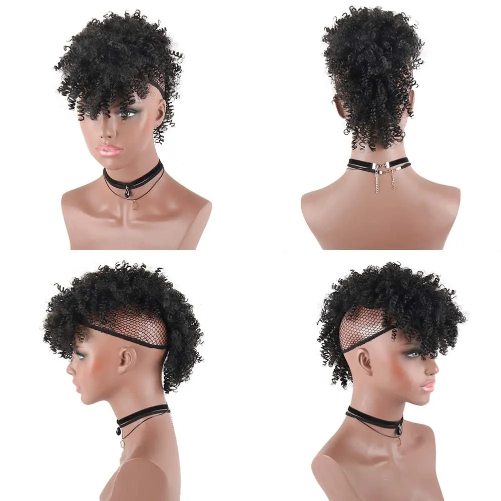 Synthetic Puff Afro Ponytail with Bangs Short Kinky Curly Ponytail Extension Mohawk Ponytail Wrap Updo Clip in Hair Extensions