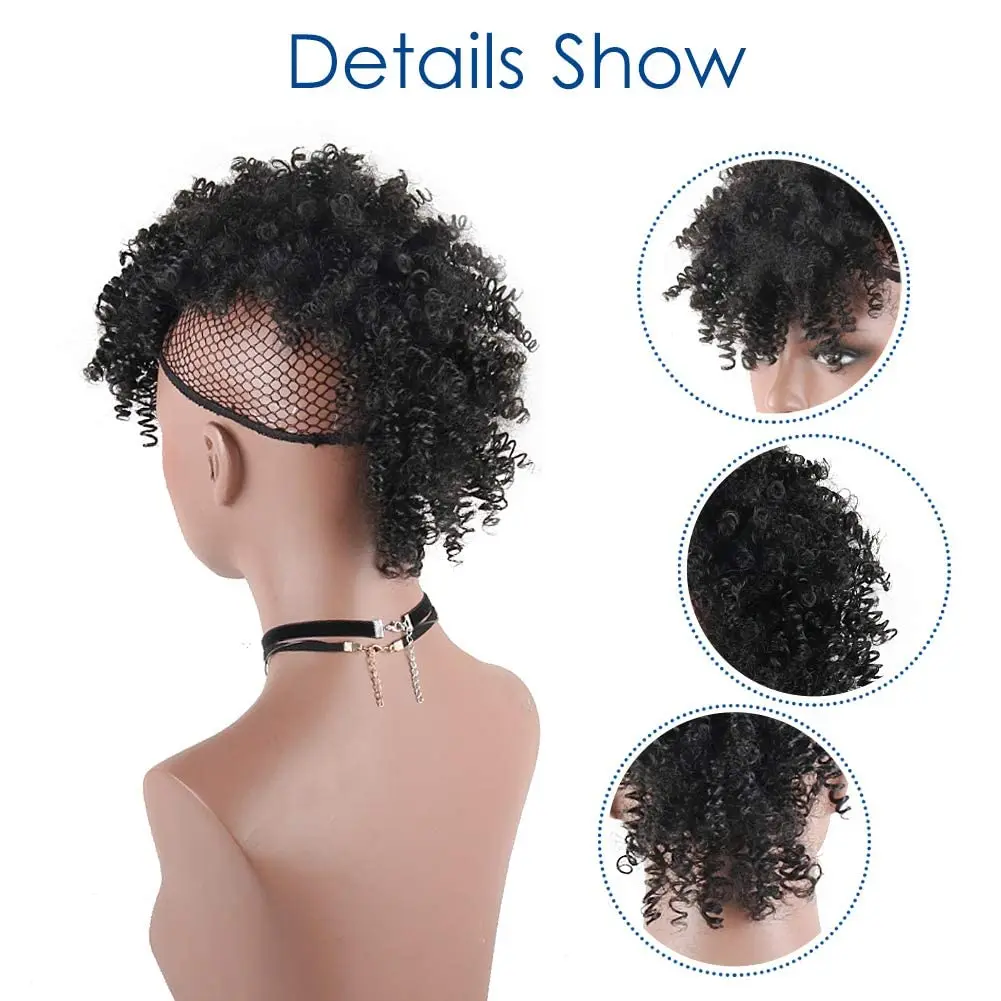 Synthetic Puff Afro Ponytail with Bangs Short Kinky Curly Ponytail Extension Mohawk Ponytail Wrap Updo Clip in Hair Extensions