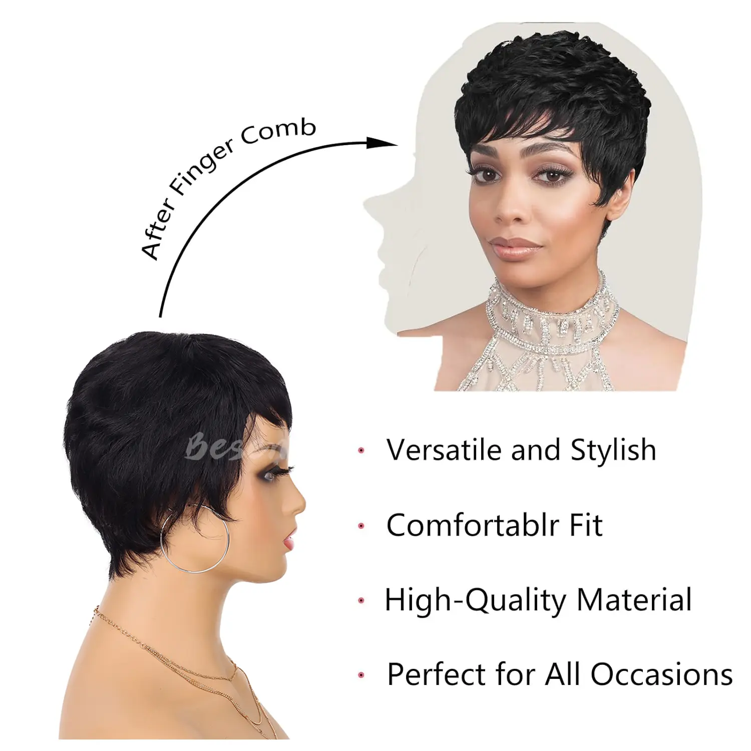 Synthetic Short Pixie Cut Wig for Black Women Pixie Cut Wavy Wig Natural Straight Pixie Haircut Wig with Bangs Party Daily Wear