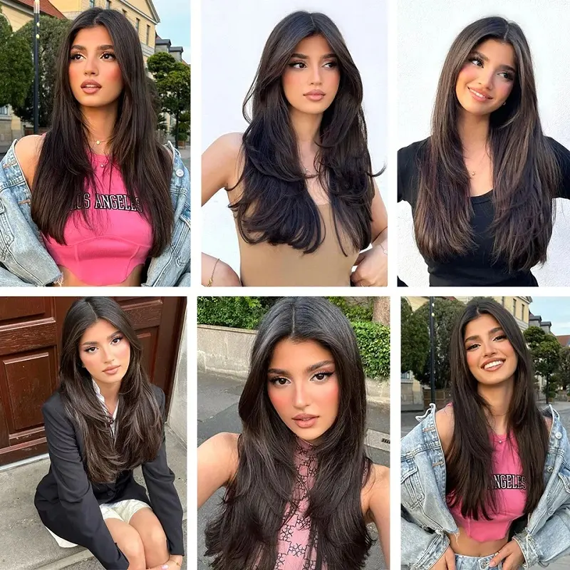 16Inch Synthetic V-shaped Long Straight Layered Hair Extension Black Brown Fluffy Top Increase Hair Volume Hairpiece for Women