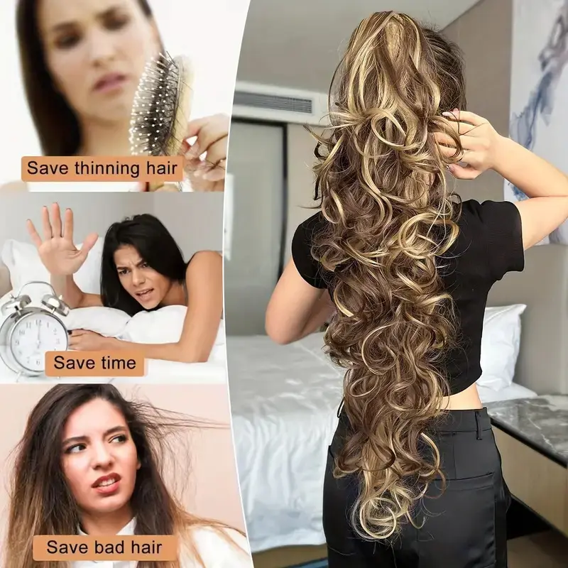 30Inch Synthetic Long Curly Ponytail Hair Extension Heat Resistant Synthetic Fiber Soft Fulffy  Hairpiece for Daily Use