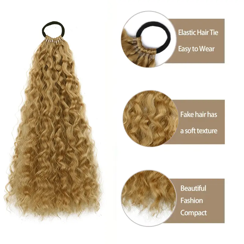 Synthetic Long Ponytail Hair Extensions With Rubber Band 18Inch Wavy Curly Hairpiece for Women Daily Use