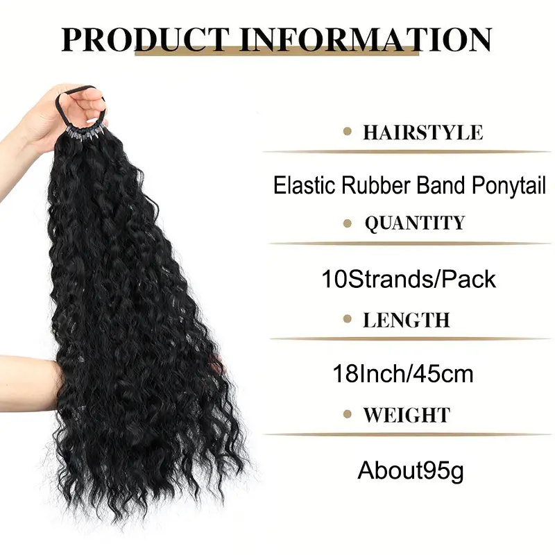 Synthetic Long Ponytail Hair Extensions With Rubber Band 18Inch Wavy Curly Hairpiece for Women Daily Use