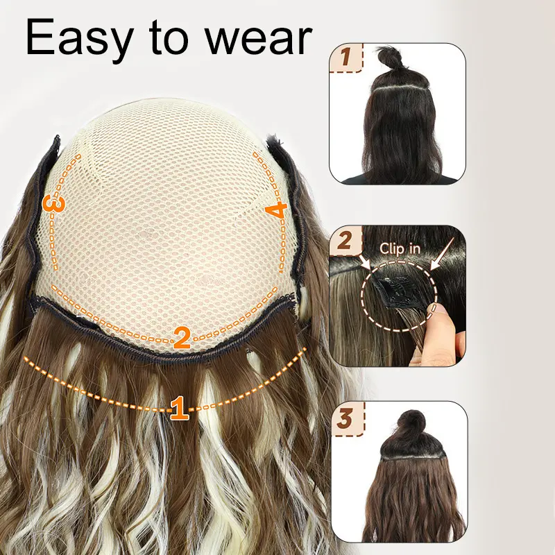 Synthetic 4pcs/set Short Curly Wavy Hair Extension Mid-Brown Hair Style Fluffy Hairpiece for Women Hair Accessories