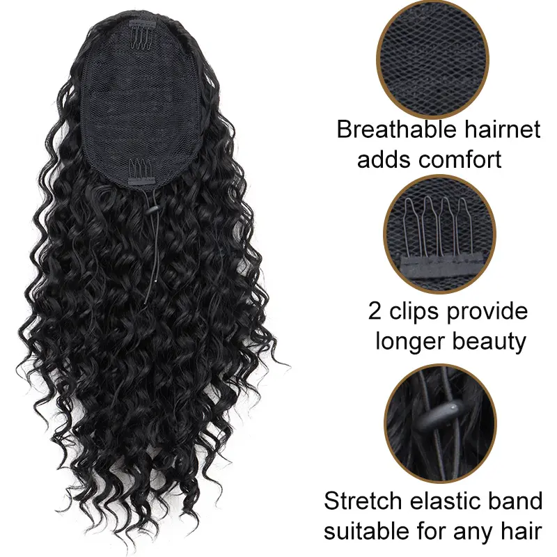 18Inch Long Water Wave Ponytail Extension for Women Drawstring Clip-in Synthetic Fiber Easy Fashionable Hair Accessories