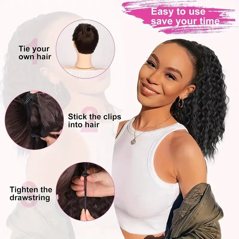 18Inch Long Water Wave Ponytail Extension for Women Drawstring Clip-in Synthetic Fiber Easy Fashionable Hair Accessories