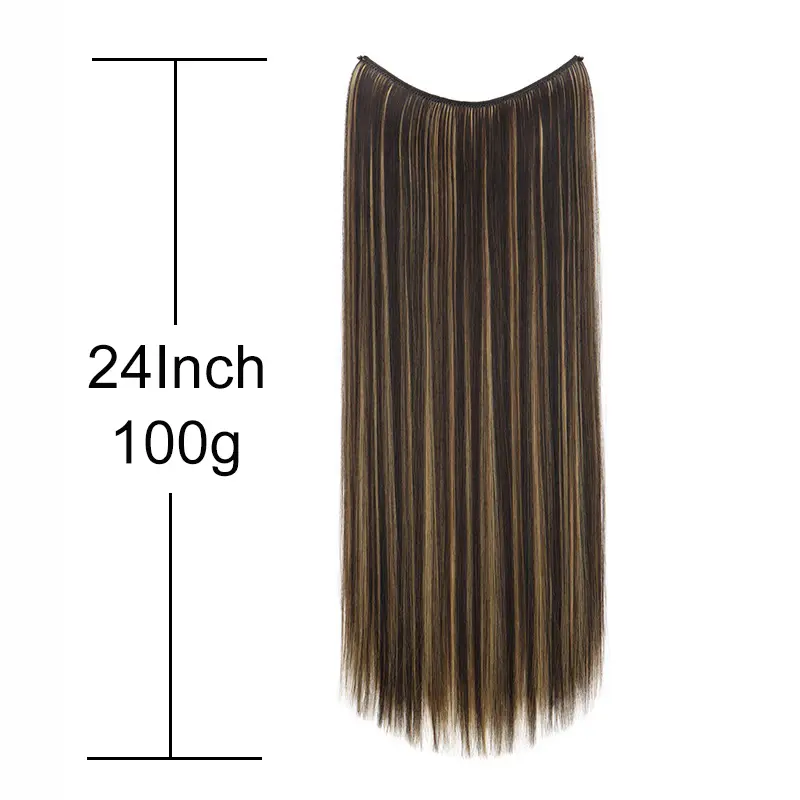 Synthetic 24Inch No Clips in Hair Extension Long Straight One Piece Invisible Fishing Line Black Blonde Hairpiece for Women