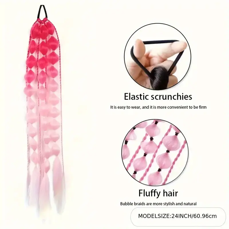 2Pcs Synthetic Yaki Long Straight Bubble Braid Ponytail Hair Extension Gradient Colorful Ombre Hair Accessories