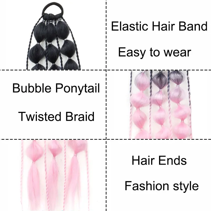 Synthetic Ombre Colored Hair Extensions Rainbow Lightweight Hair Extensions for Bubble Ponytail Extension Hair Accessories