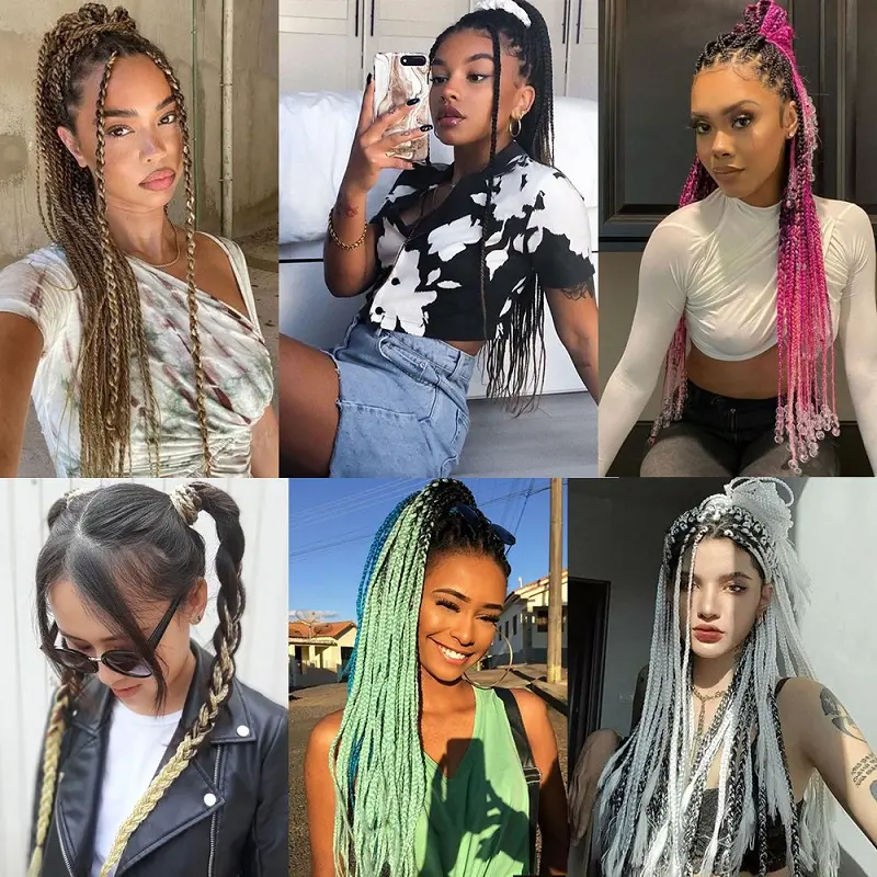 24Inch Synthetic Long Straight Box Braided Ponytail With Elastic Rubber Band Hair Extensions Rainbow Color Box Hairpiece