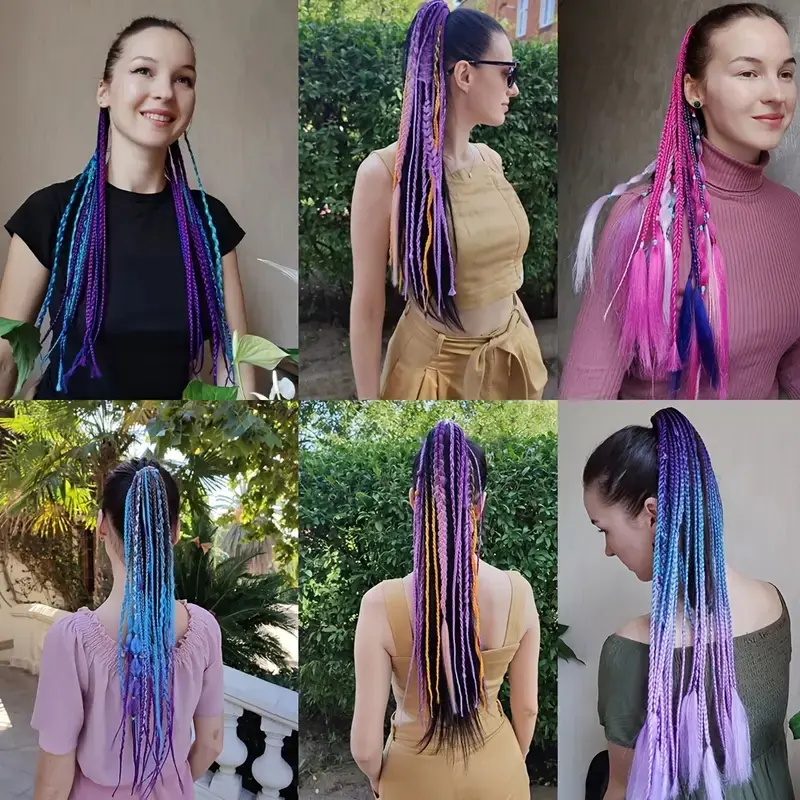 Synthetic 24Inch Y2K Rainbow Horsetail Wig Long Boxing Braid Hair Ponytail Extension High Temperature Fiber Hairpiece for Women