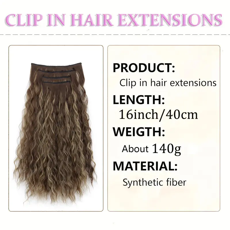 4Pcs Synthetic 16Inch Long Wave Curly Hair Clip in Hair Extension Various Occasions Invisible Fluffiness Hairpiece for Women