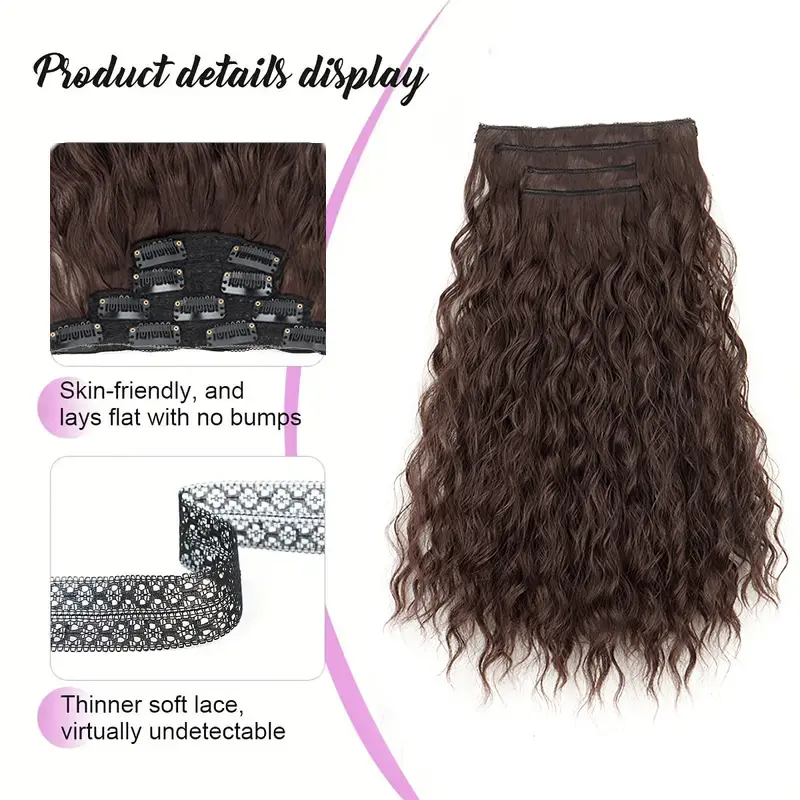 4Pcs Synthetic 16Inch Long Wave Curly Hair Clip in Hair Extension Various Occasions Invisible Fluffiness Hairpiece for Women