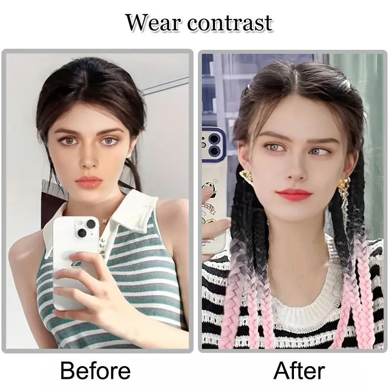 2pcs Synthetic Long Straight Y2K Boxing Braid Sweet Cool Girl Gradient Blue Grey Twist Ponytail for Women Hair Accessories