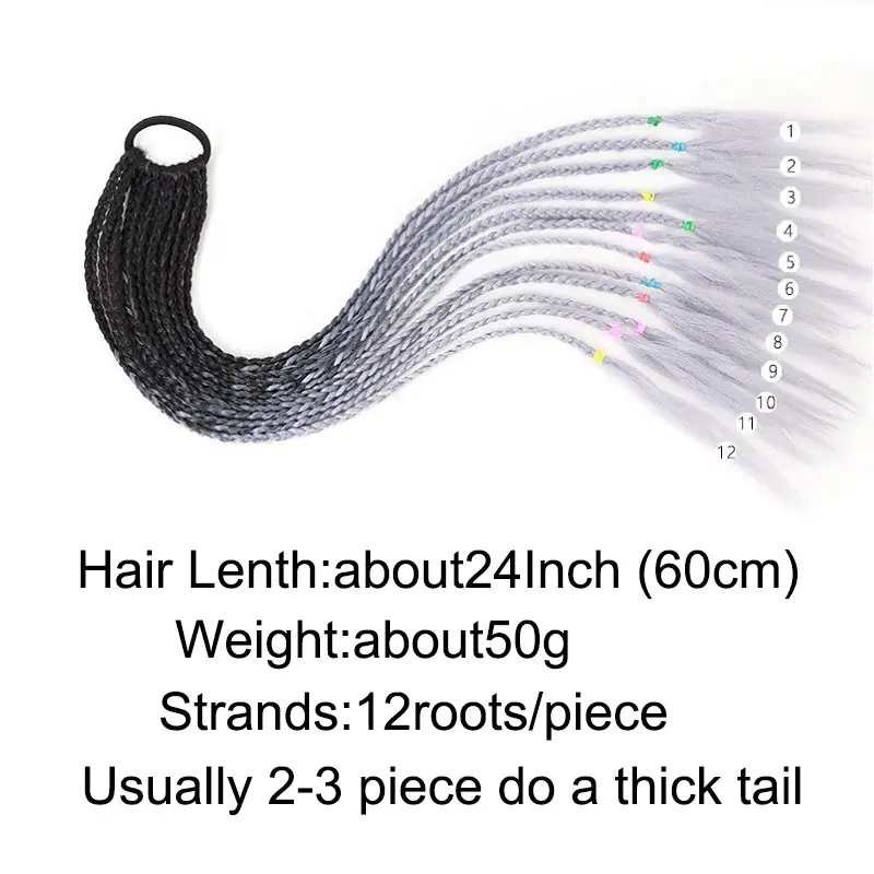24Inch Synthetic Gradient  Colored Braided Ponytail Hair Extension Elastic Rubber Band Braiding Ponytail for Girl Women