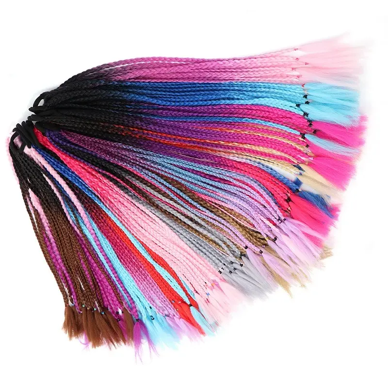 24Inch Synthetic Gradient  Colored Braided Ponytail Hair Extension Elastic Rubber Band Braiding Ponytail for Girl Women