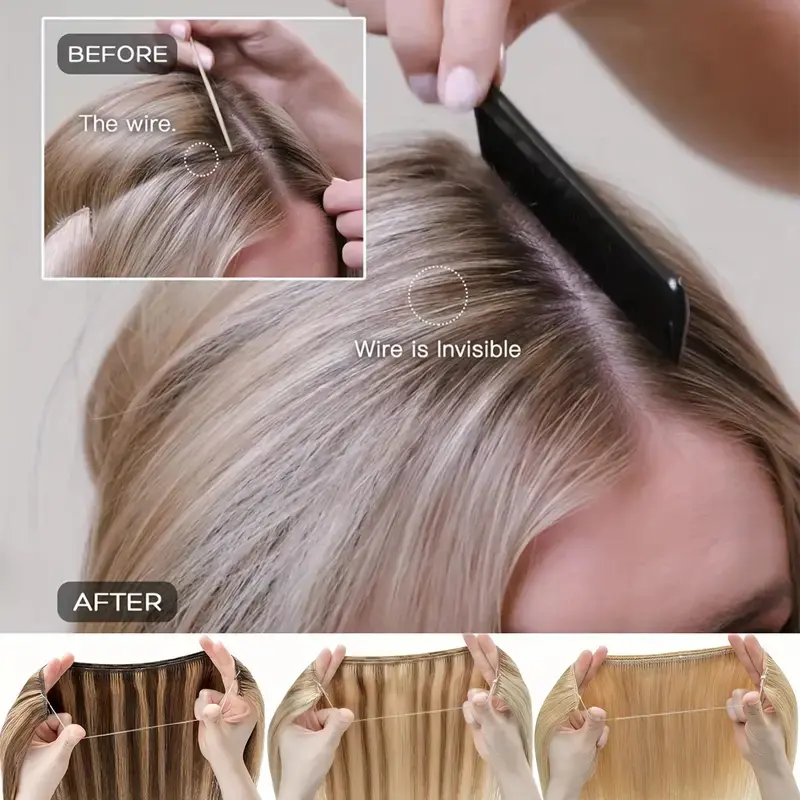 24Inch Synthetic No Clips In Hair Extension Fish Line Invisible Black Blonde One Piece Long Straight Fake Hair Piece for Women