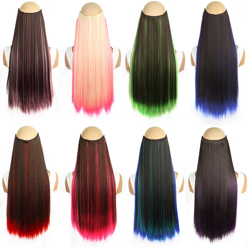 24Inch Synthetic Long Straight Clip-in Hair Extensions One Piece 5Clips Multicolor Ombre Pink Red Blue for Women
