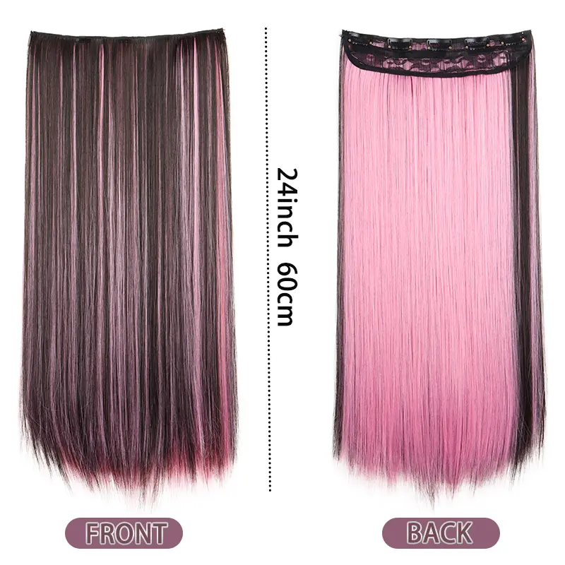 24Inch Synthetic Long Straight Clip-in Hair Extensions One Piece 5Clips Multicolor Ombre Pink Red Blue for Women